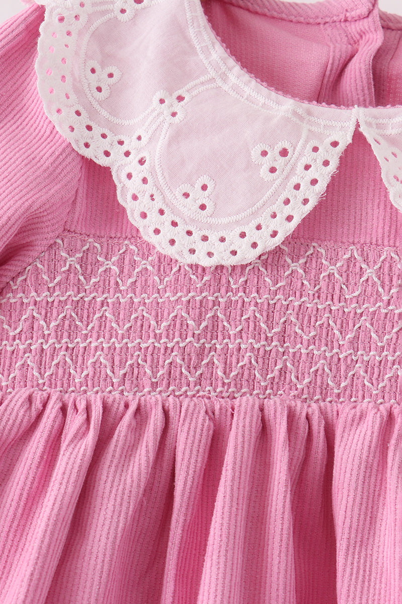 Pink corduroy lace smocked ruffle pants set