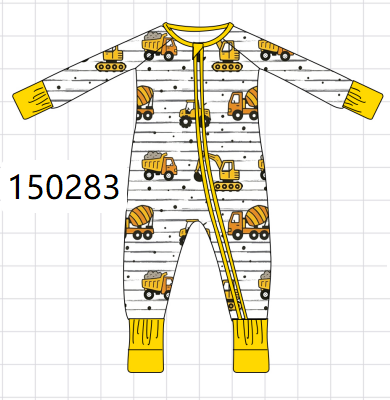 Yellow Construction Trucks Zip Bamboo Romper
