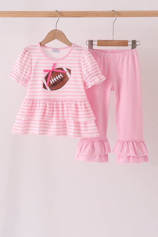 Pink football sequin stripe ruffle pants set