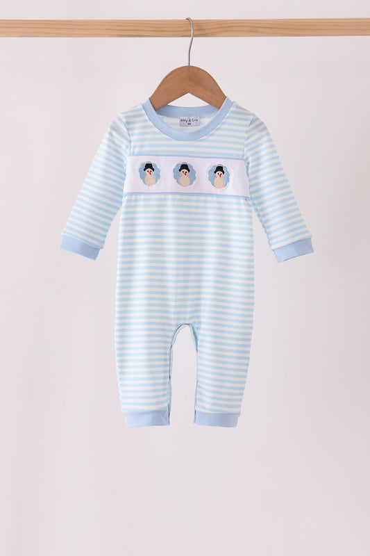 Blue turkey embroidery stripe romper