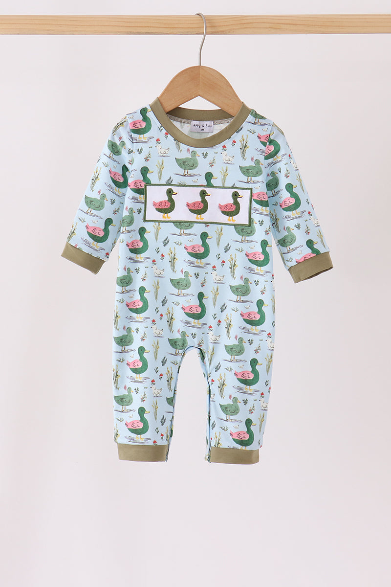 Green mallard embroidery romper