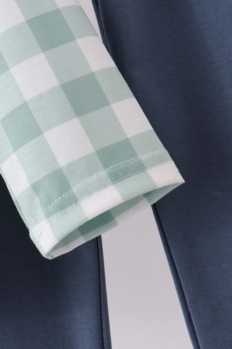 Sage Turkey Embroidery Gingham Pants Set