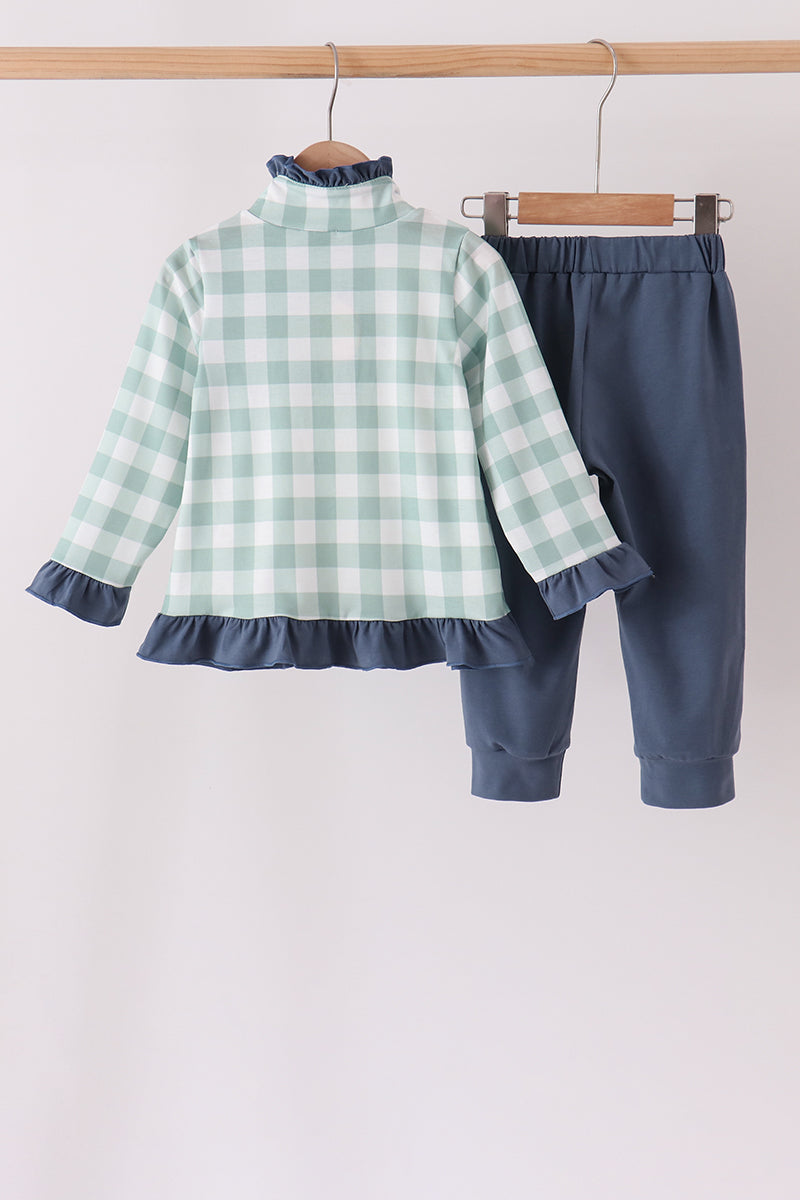 Sage Turkey Embroidery Gingham Ruffle Jogger Set
