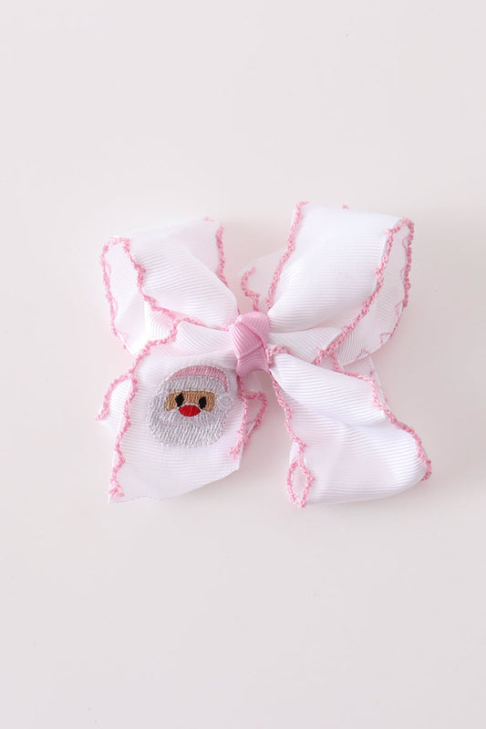 Pink santa claus embroidery crochet edge hair bow
