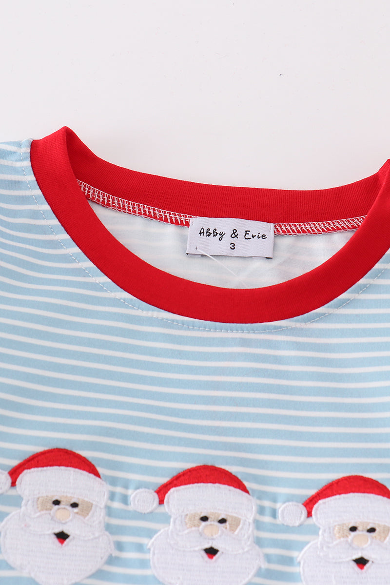 Blue stripe santa claus embroide boy set