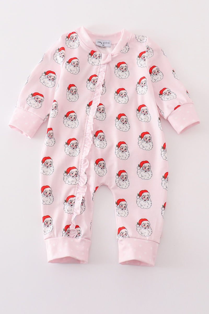 Pink santa print Zipper girl romper
