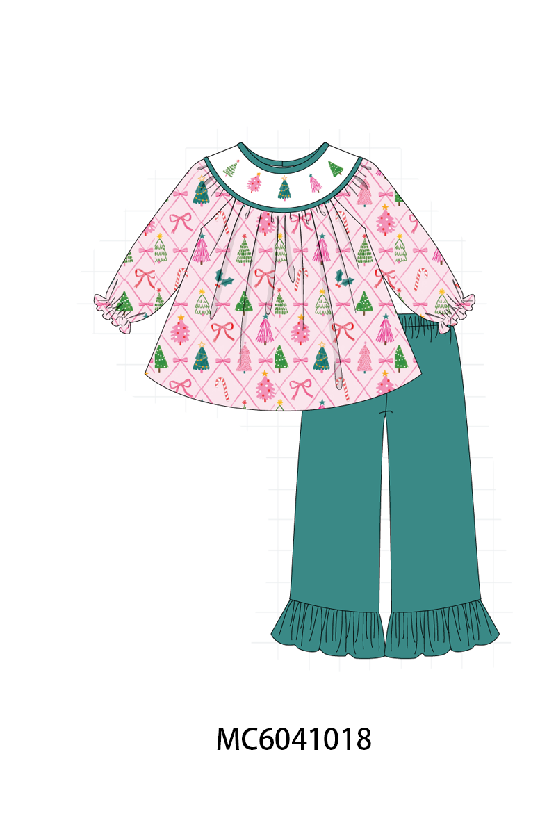 Pink Christmas Tree Embroidery Ruffle Pants Set