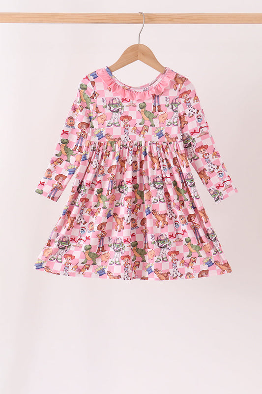 Pink character checkered bamboo ruffle dress