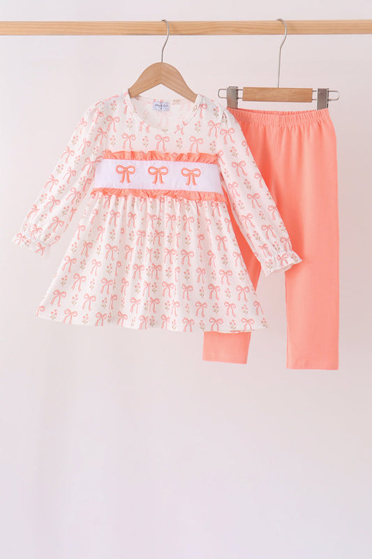 Pink bow embroidery ruffle pants set