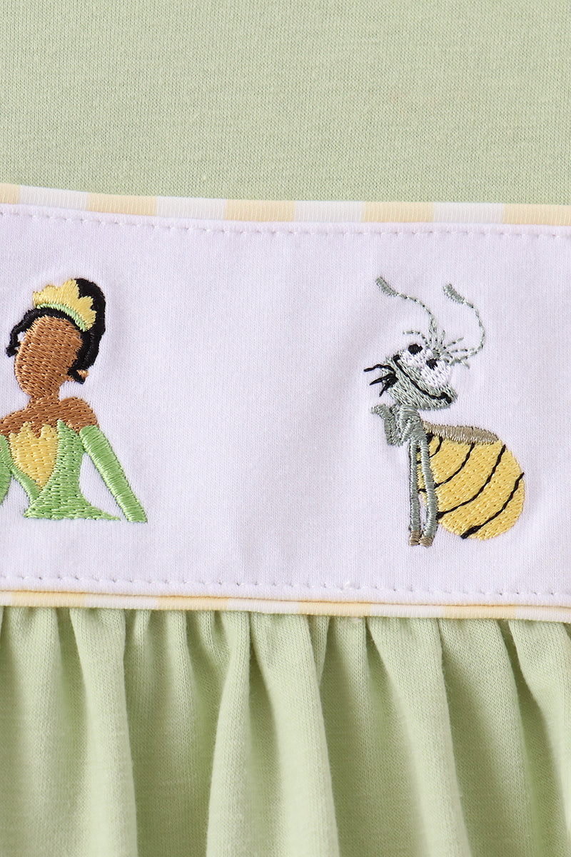 Green Princess Frog Embroidery Ruffle Dress