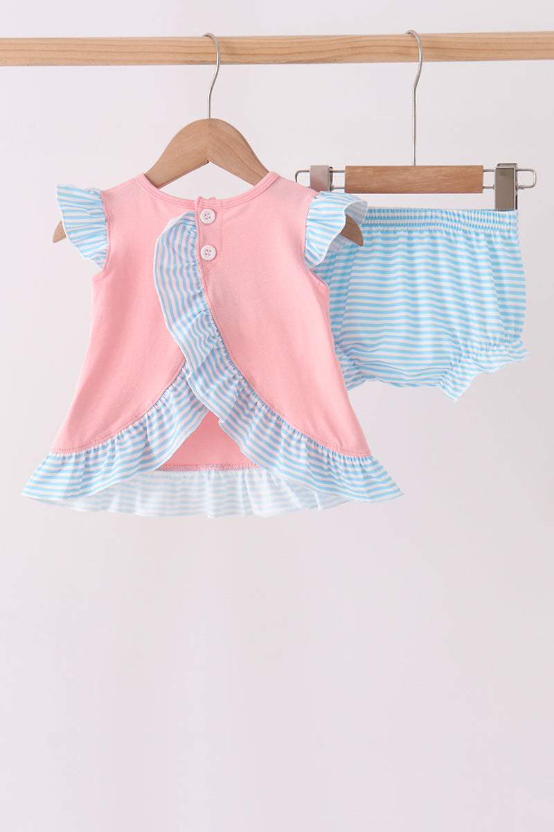 Pink Princess Embroidery Stripe Ruffle Bloomer Set