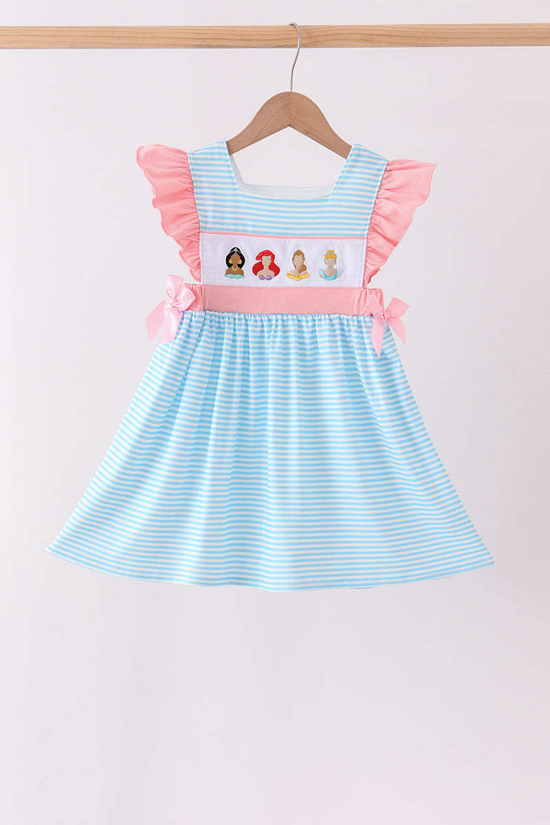 Blue Stripe Princess Embroidery Ruffle Dress
