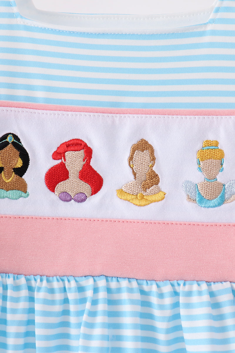 Blue Stripe Princess Embroidery Ruffle Dress