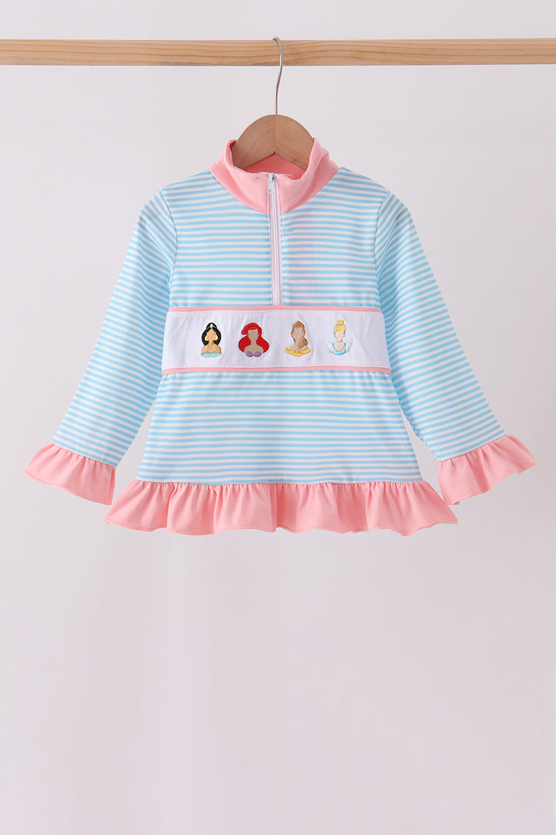 Blue Stripe Princess Embroidery Ruffle Pullover