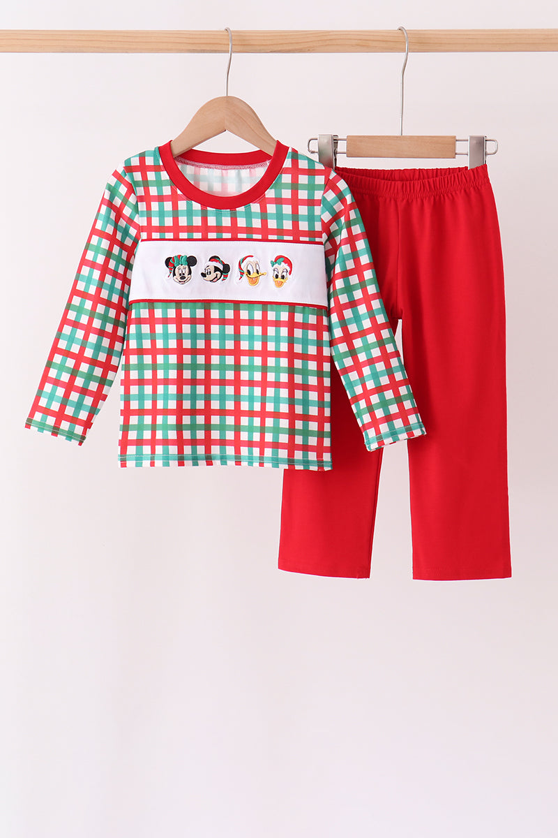 Red Character Embroidery Gingham Pants Set