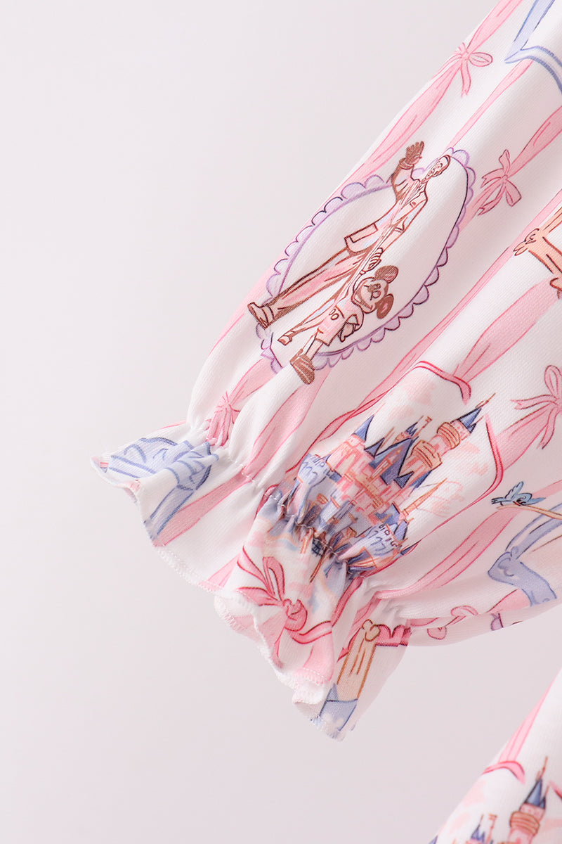 Pink Character Bow Embroidery Ruffle Pants Set