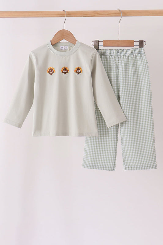 Green turkey embroidery gingham pants set